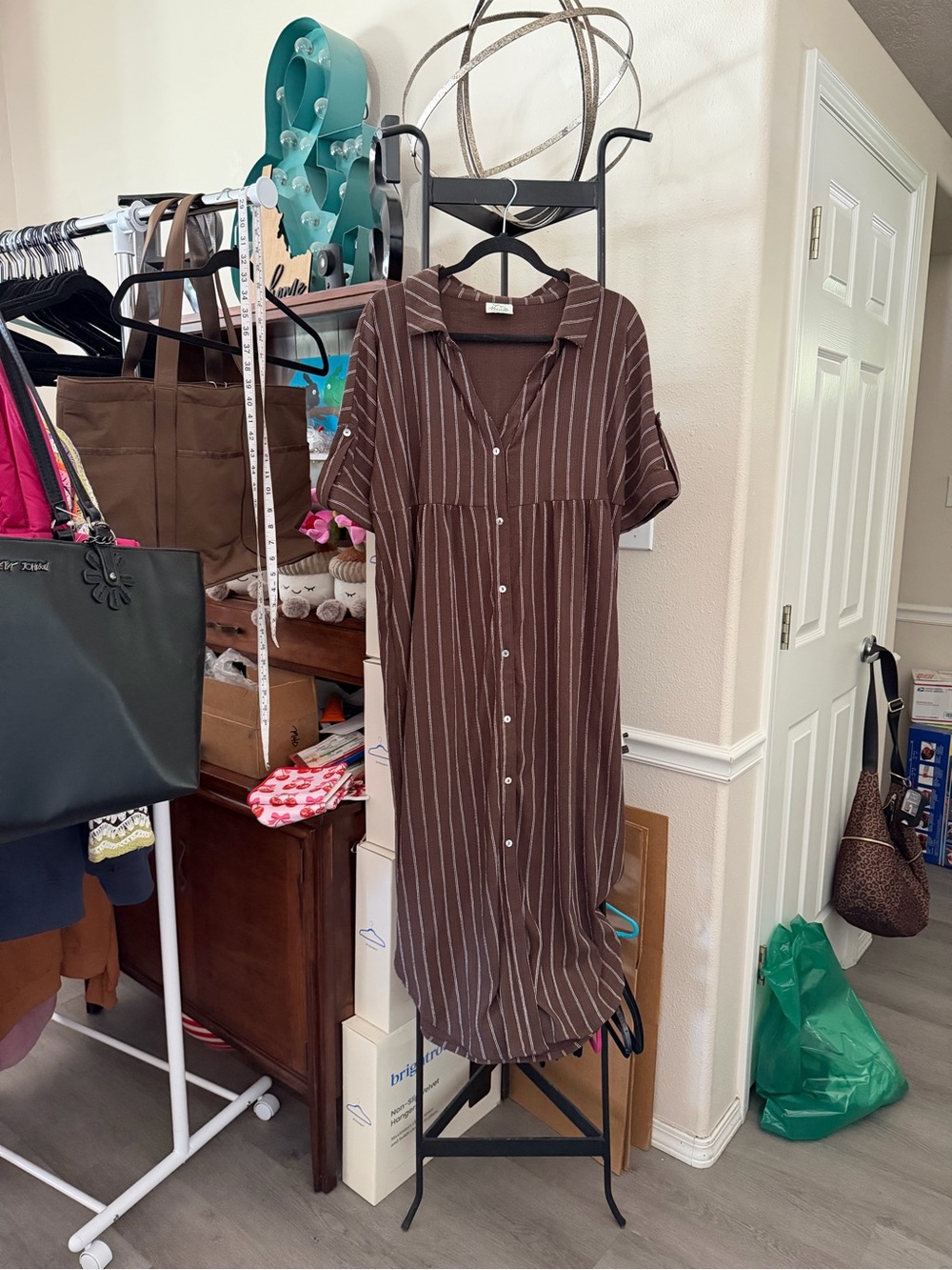 Brown Striped Button-Front Midi Dress